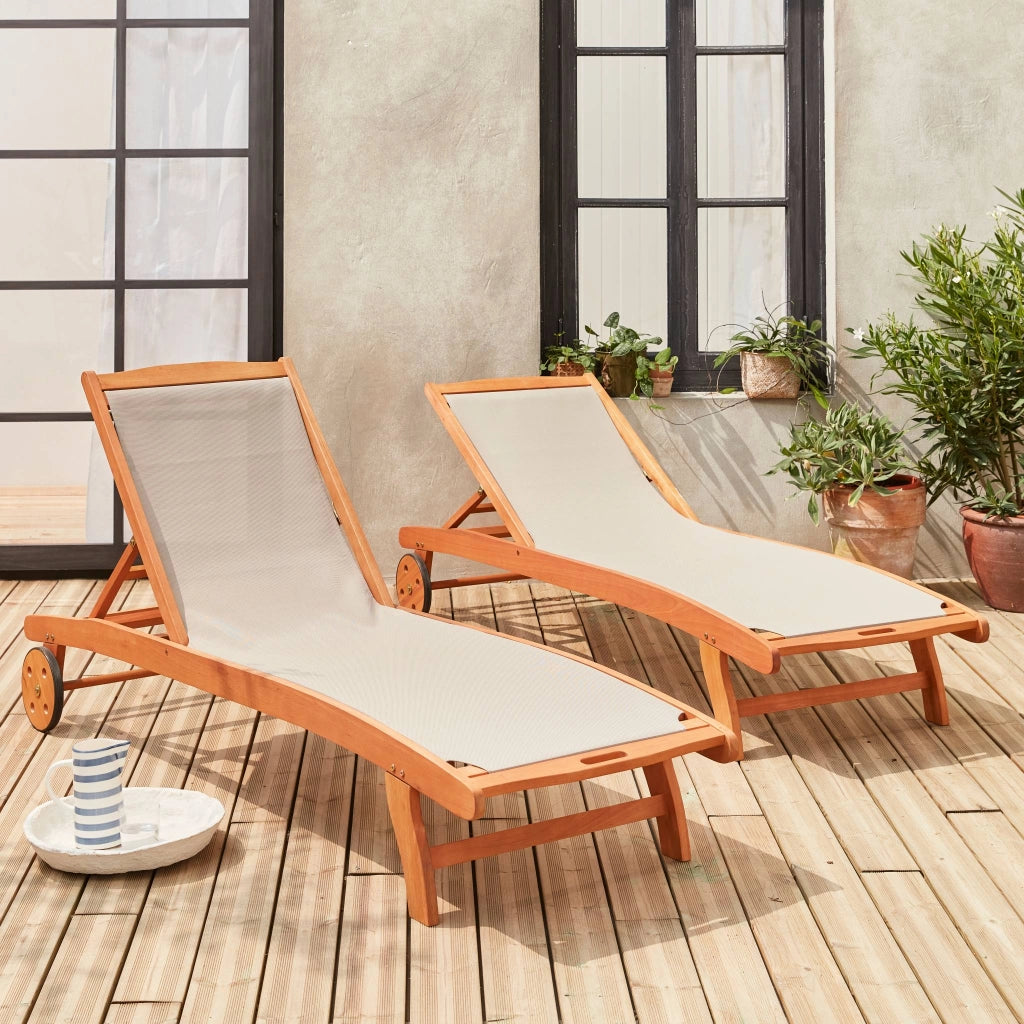 Set 2 lettini prendisole in legno multiposizione con ruote, grigio
