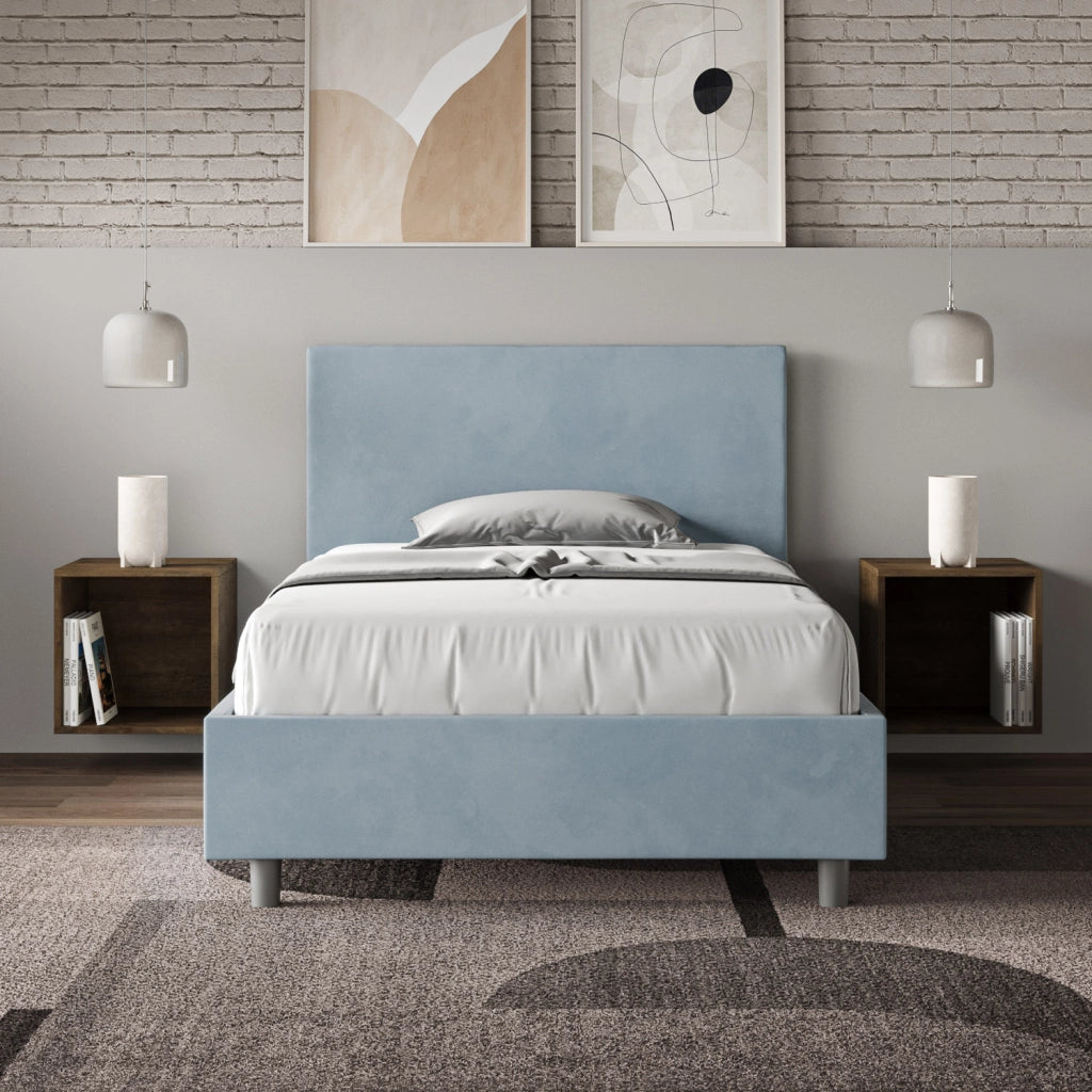 BS COM Letto una piazza e mezza con rete imbottito 120x210 microfibra azzurro