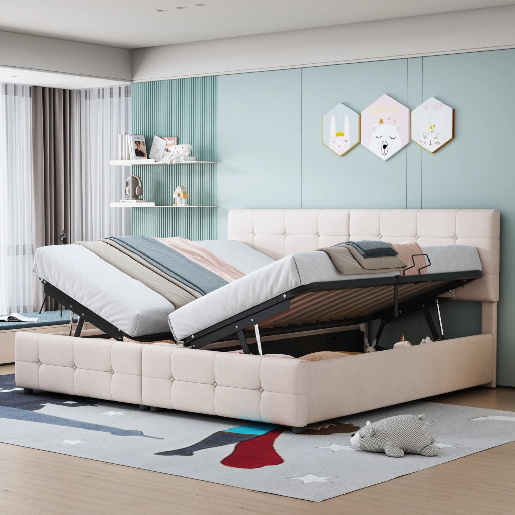 Letto imbottito matrimoniale 180×200 cm con contenitore idraulico; testiera regolabile; senza materasso; beige