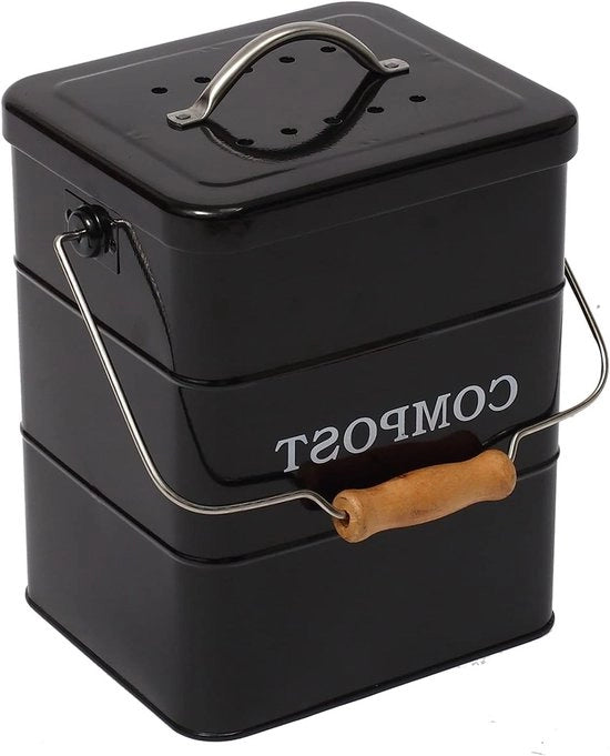 Compostiera in Acciaio Inossidabile per Cucina - 1 Gallone Compostatore con Coperchio in Legno e Filtro di Carbone Vegetale - Nero