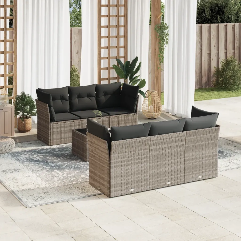 Set Divani da Giardino 7pz con Cuscini Grigio Chiaro Polyrattan