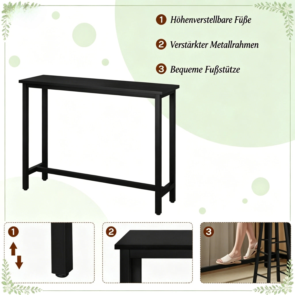 Tavolo da pranzo alto con struttura in metallo e piano in MDF, piedini regolabili, per cucina e bar, nero, 140 × 100 × 40 cm