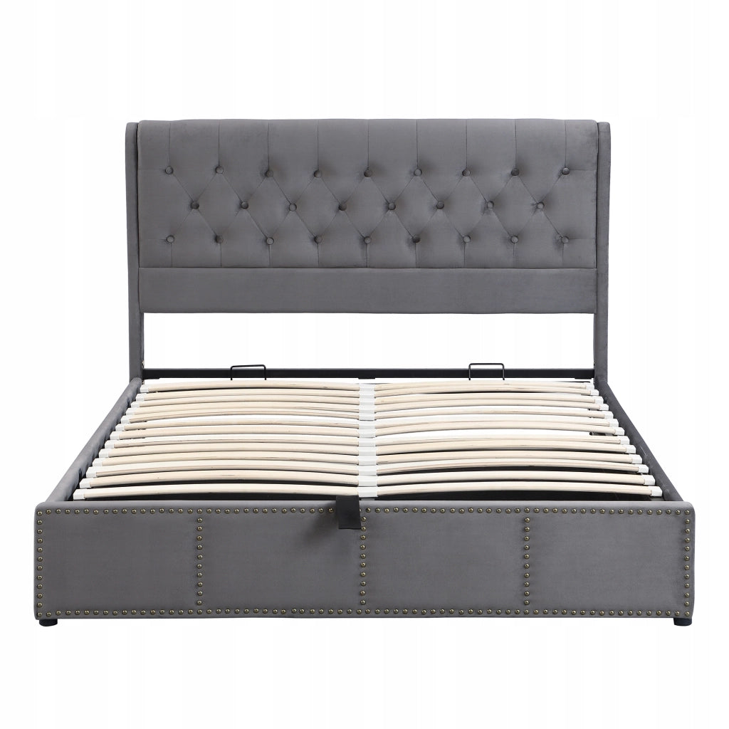 Letto 140x200 cm - Xylo - Velluto, Idraulico, Rivetti, Grigio