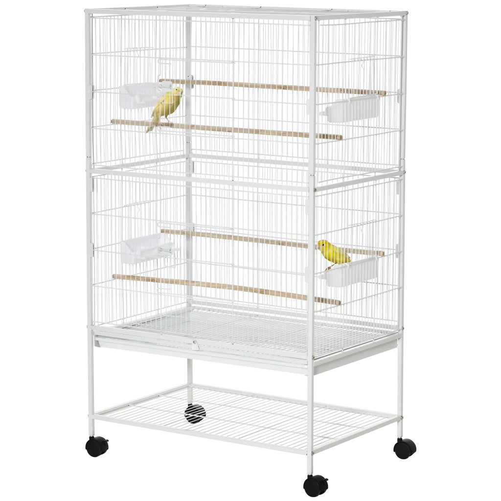 Gabbia per Uccelli da Interni con Vassoio Estraibile, 4 Ruote e Trespolo, 78x52x132 cm, Bianco