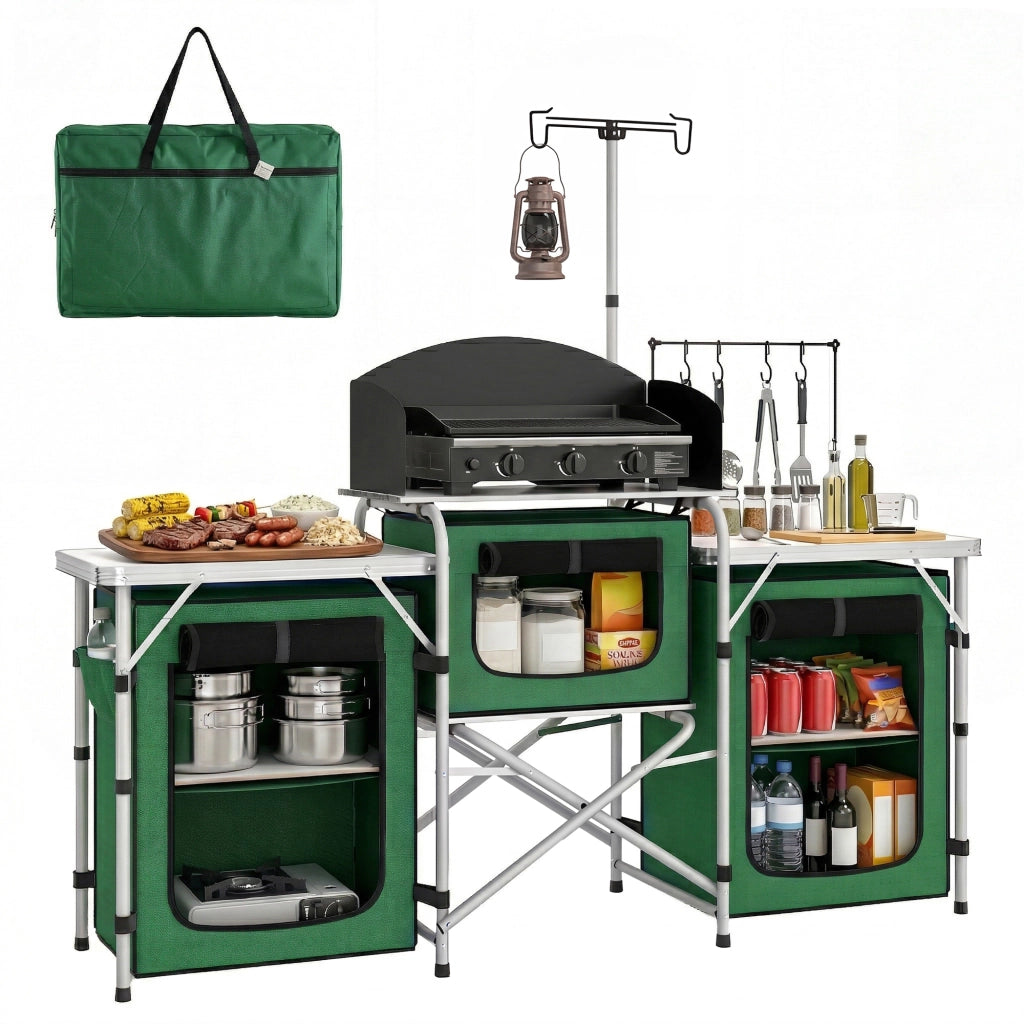 Mobile Cucina Pieghevole da Campeggio ¨C Xylo ¨C 3 Tavoli 4 Ganci Verde 172x48x130cm