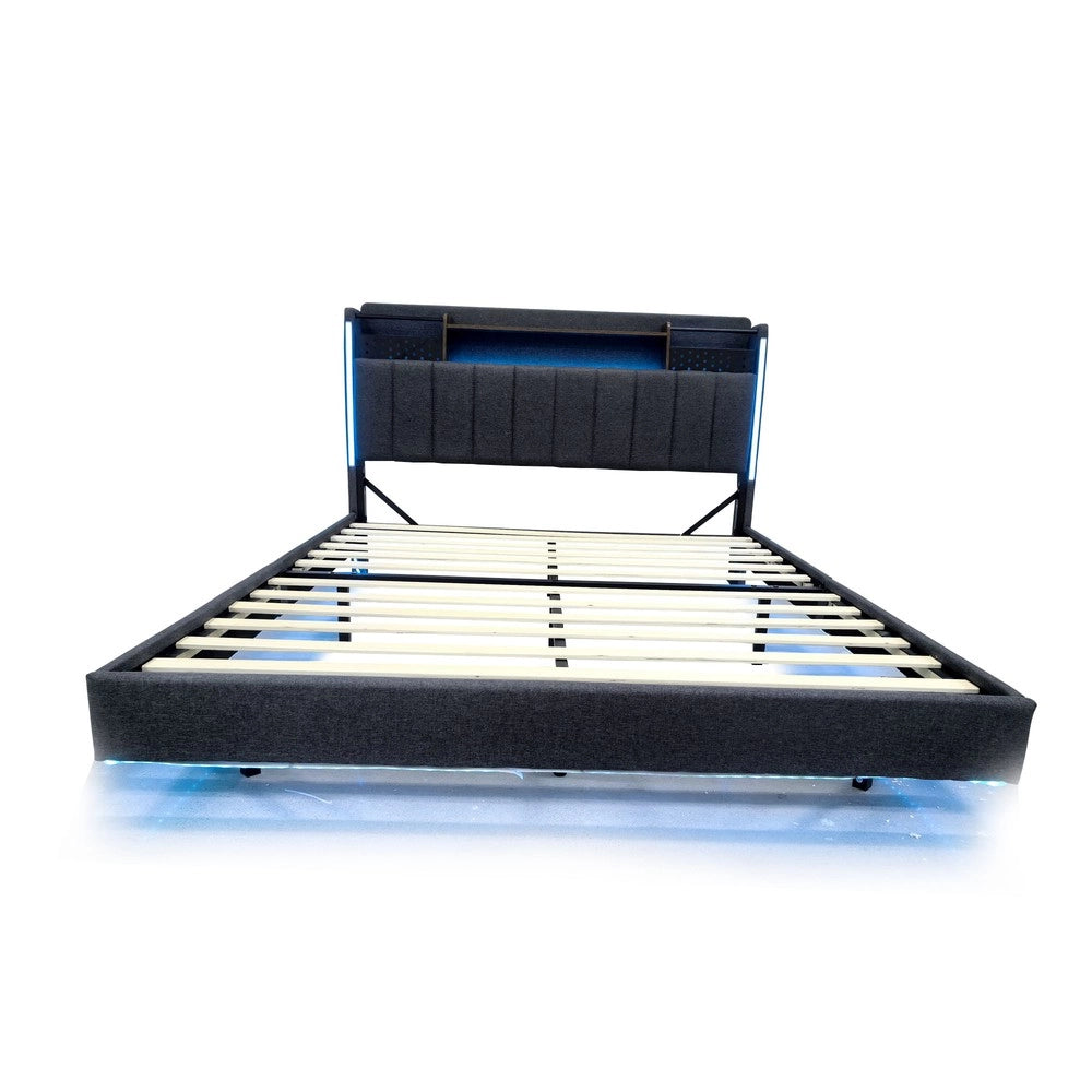 Letto Imbottito con LED e USB ¨C MINIMAL ¨C Tessuto Grigio 140x200 con Contenitore