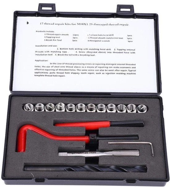 Set di riparazione a viti 17 pezzi - M10x1.25 - Chiave a tasto in acciaio inossidabile - Lega di alluminio - Resistente all'usura - Alta precisione - Set di riparazione a viti