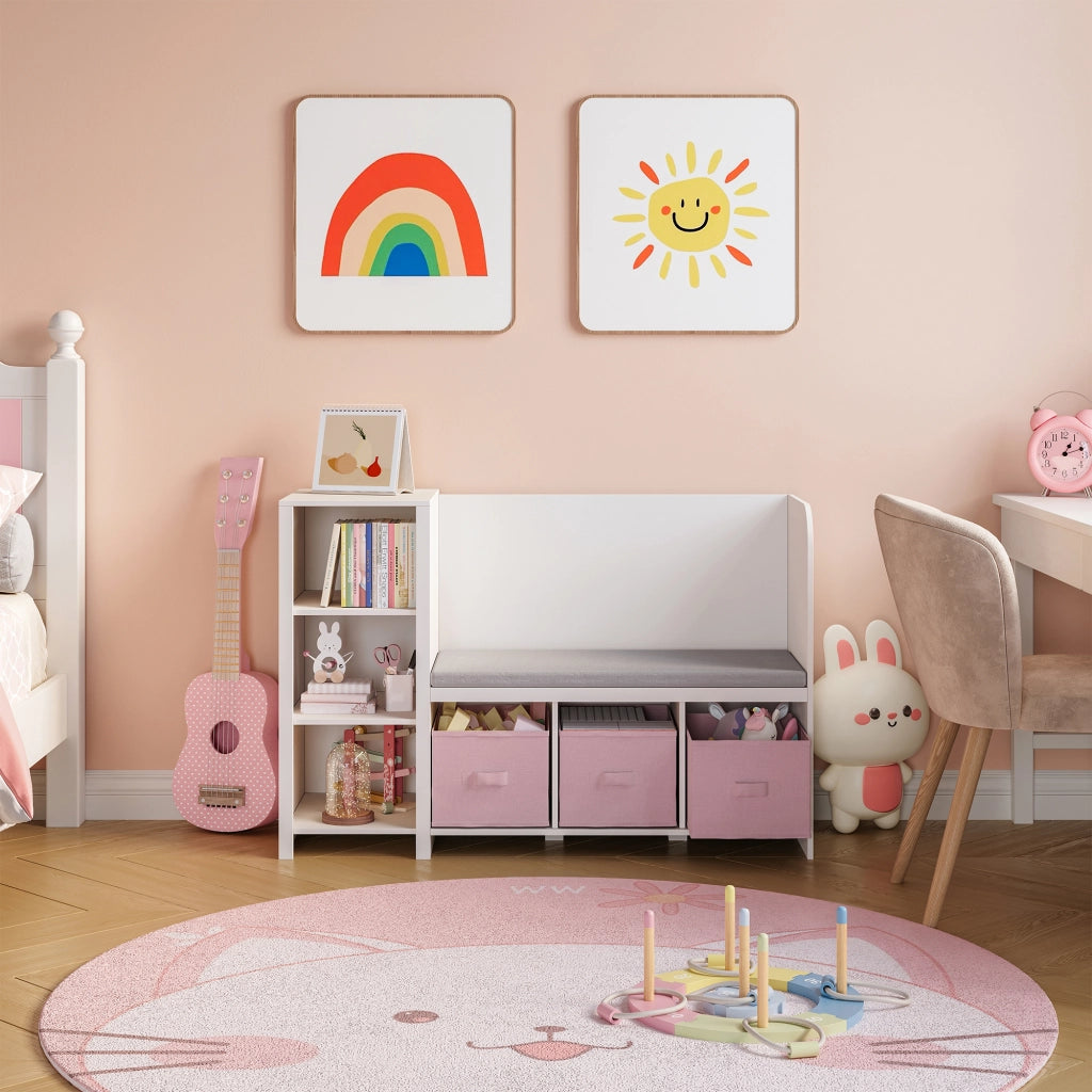 Scaffale per Cameretta Høylandet con Panca Scomparti e Scatole 76 x 112 x 40 cm - Bianco / Rosa [en.casa]