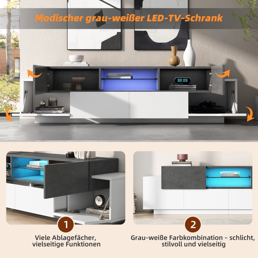 MOBILE TV con LED e ripiani in vetro 180x40x45 cm bianco e grigio