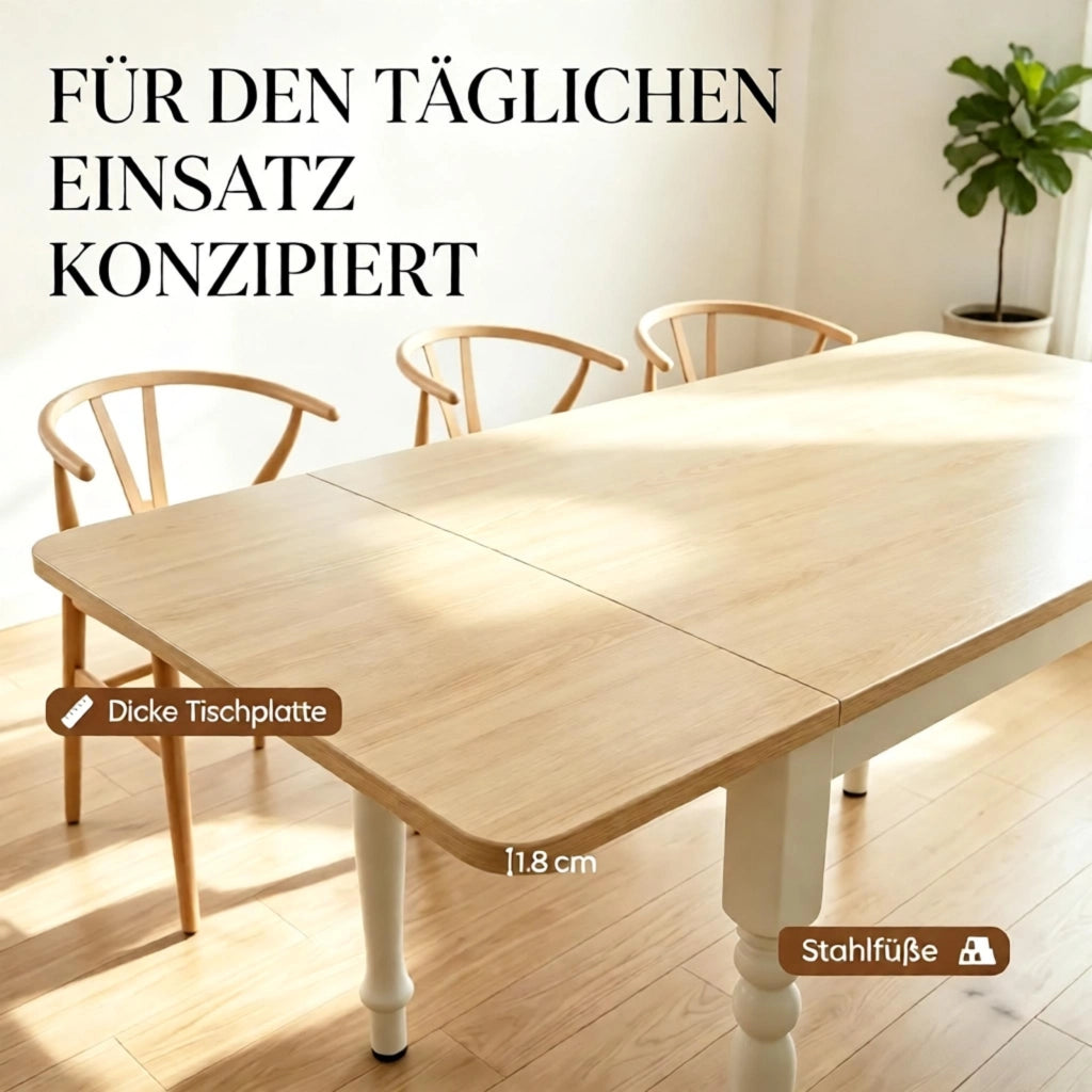 Tavolo da pranzo pieghevole per 2-6 persone, allungabile da 74 a 134 cm, tavolo da cucina con 2 sezioni allungabili, gambe in acciaio, piano in legno