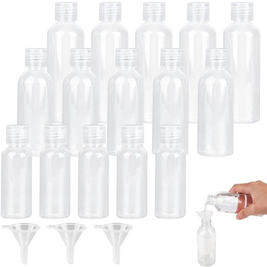 Set di contenitori per viaggio da 15 pezzi, contenitori di formato di viaggio con 50 ml, 80 ml, 100 ml, contenitori per liquidi per viaggio con 3 bocchini, piccoli contenitori di plastica per riempire per shampoo, balsamo, viaggio