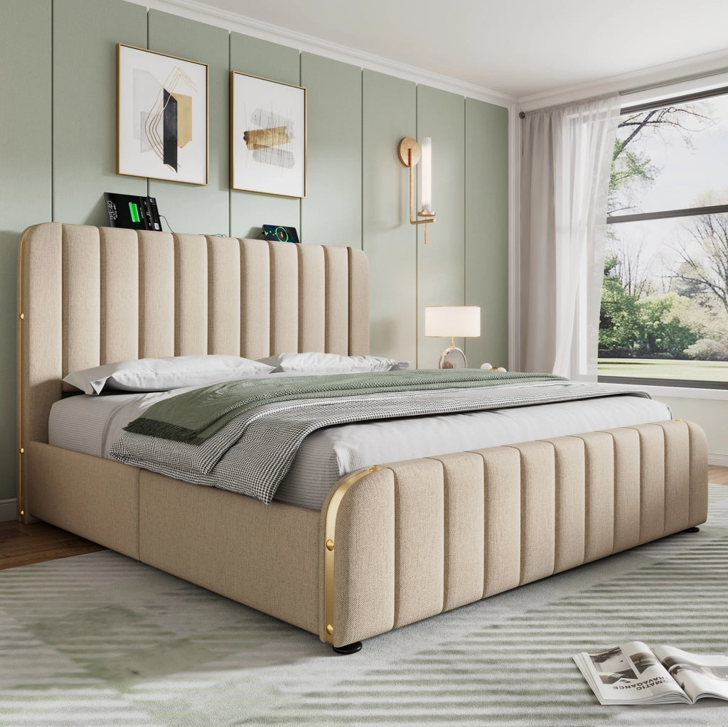 Letto matrimoniale imbottito 140x190 cm con 4 cassetti e porte USB/Type-C