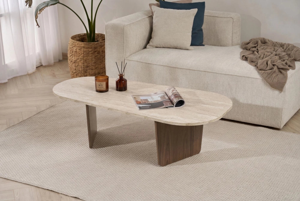 Tavolino in legno "Ovalis" - 130 x 65 x 40 cm - Travertino / Noce