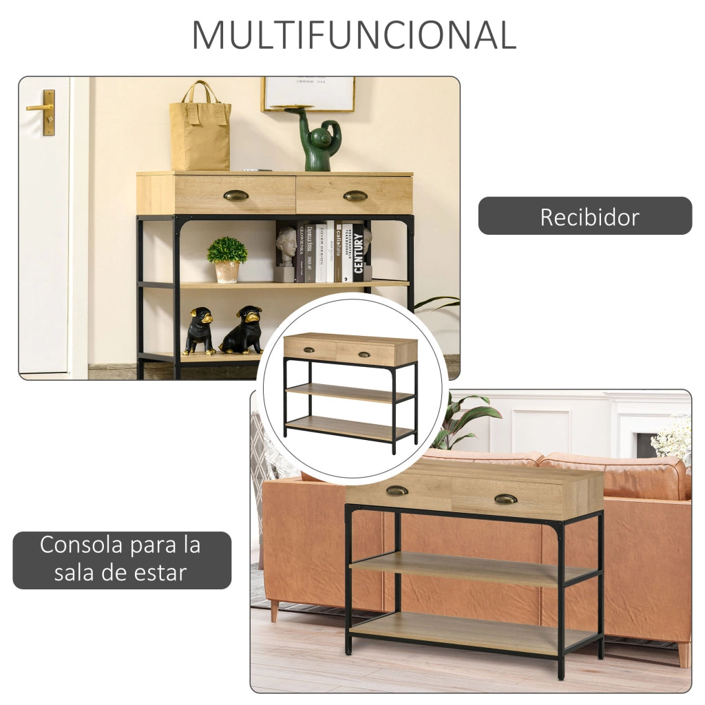 Consolle Ingresso con Cassetti e Ripiani ¨C Xylo ¨C Rovere Acciaio 100x35x79cm