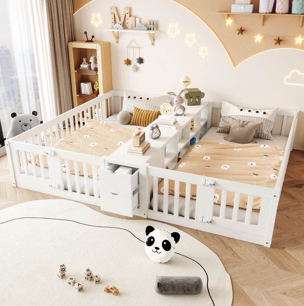 Letto per bambini doppio 90x200 cm in legno con scaffale centrale e 2 cassetti; bianco