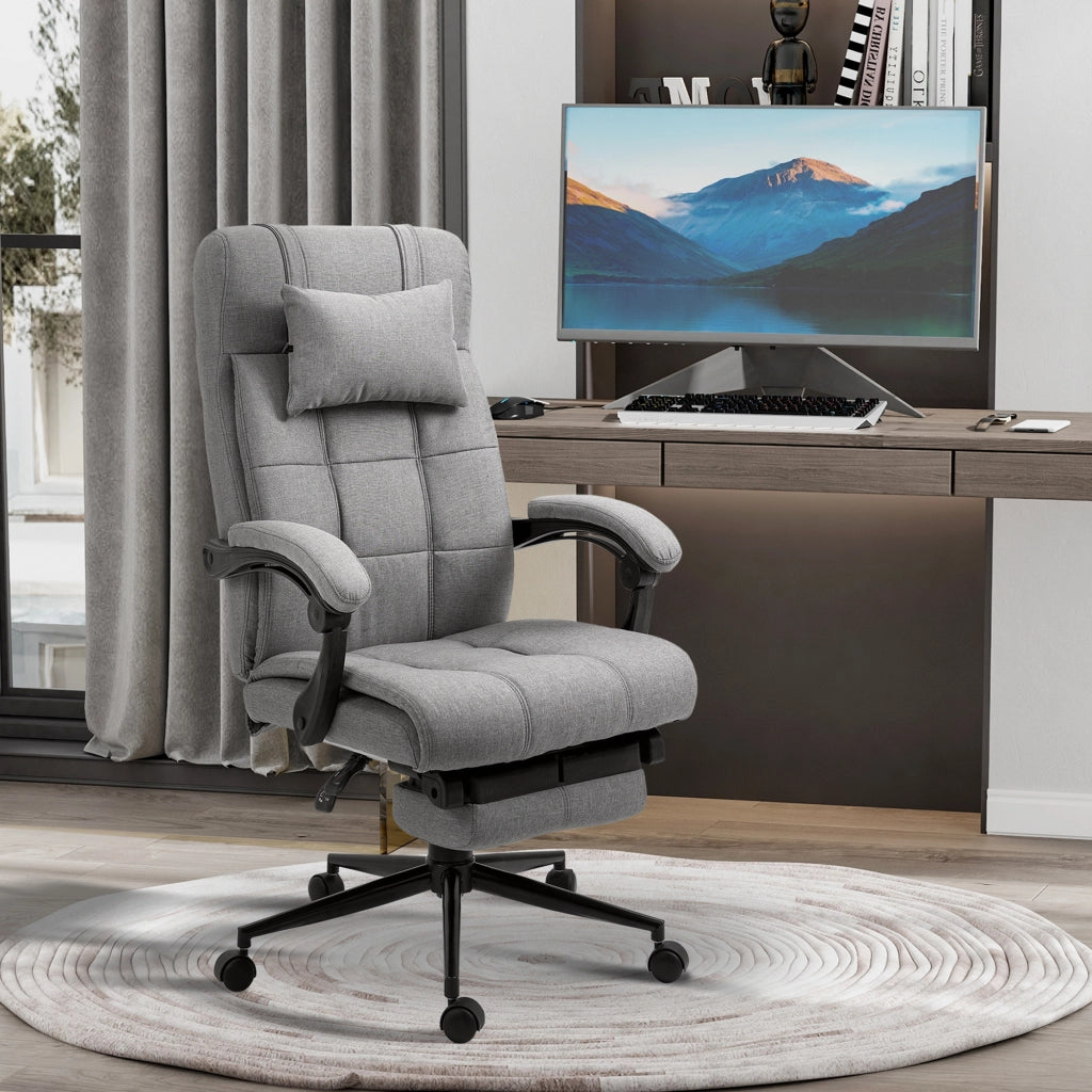 Sedia da ufficio con poggiatesta e braccioli, girevole, regolabile in altezza, con poggiapiedi, in lino, ergonomica, 66 x 70 x 116-124 cm