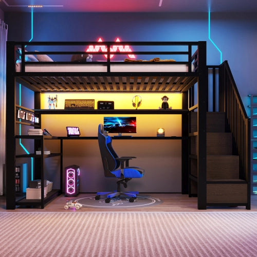 Letto a soppalco con scrivania 90x200 cm LEMONMAX, armadio, LED RGB, vani portaoggetti, metallo e MDF, nero, per cameretta gamer