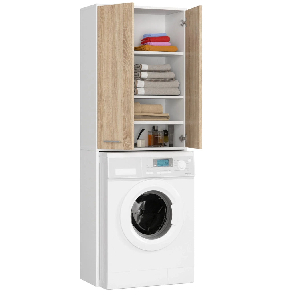 Colonna da bagno AKORD FIN per incasso di una lavatrice Bianca 64 cm 2 ante inserto frontale Sonoma Quercia 64x30x180 cm