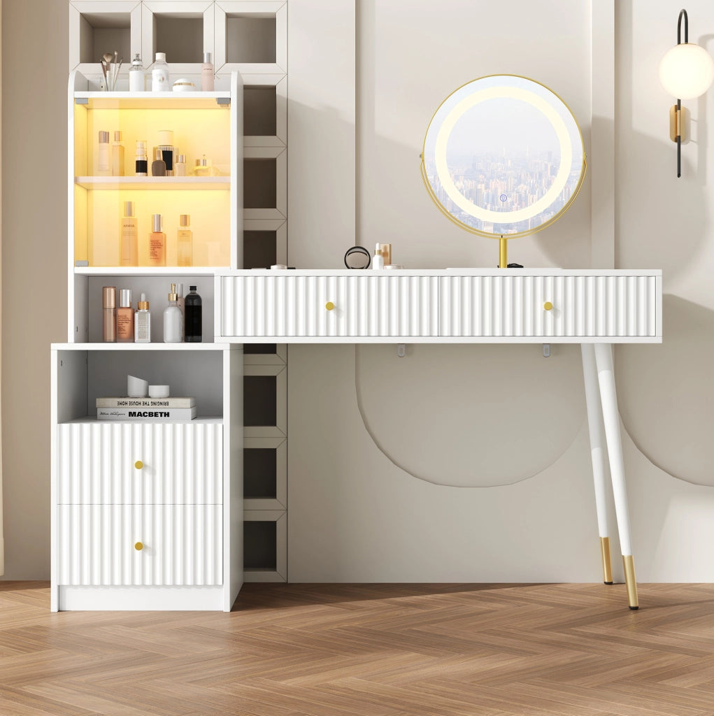 Tavolo da trucco 100x40x125 cm con specchio LED a tre colori; 4 cassetti; pannello truciolare bianco
