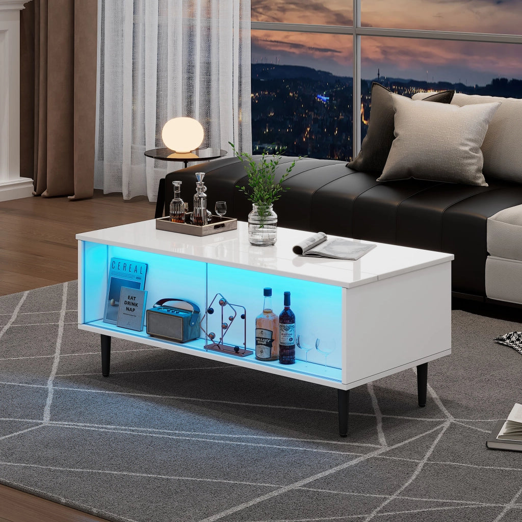 Tavolino da salotto regolabile in altezza 105 x 50 x 43 cm con LED, vani nascosti e ante scorrevoli in vetro temperato, bianco