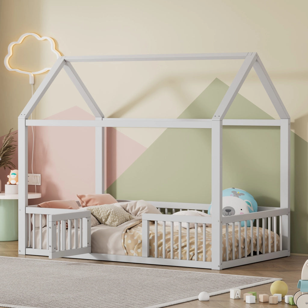 OKWISH Letto a casetta 90×200 cm, Letto Singolo con Spondine di Sicurezza, Porticina e Doghe, senza Materasso, in Pino e MDF, Bianco