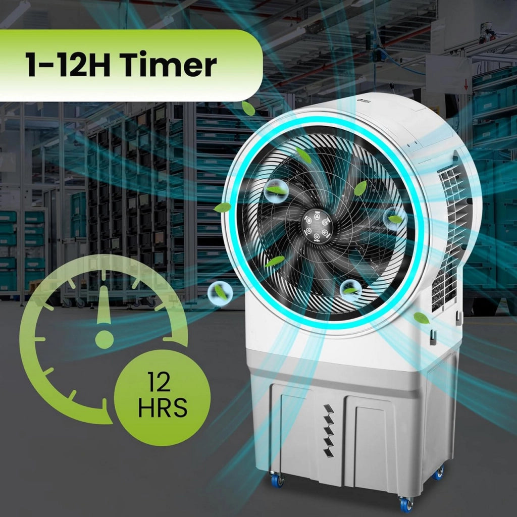 Ventilatore Raffrescatore d’Aria Evaporativo 150W – Tanica 50L con Collegamento Diretto Acqua, LED RGB, Timer e Telecomando, Ideale per Capannoni, Ristoranti, Eventi
