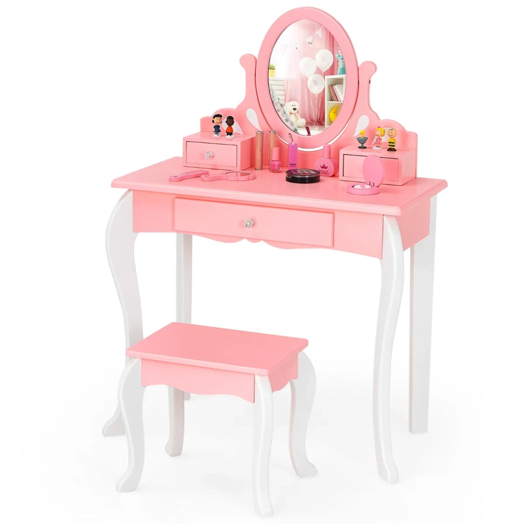 Set toeletta e sgabello per bambini 70 x 335 x 995 cm con specchio girevole a 360° e 3 cassetti in MDF rosa e bianco 20_0011523