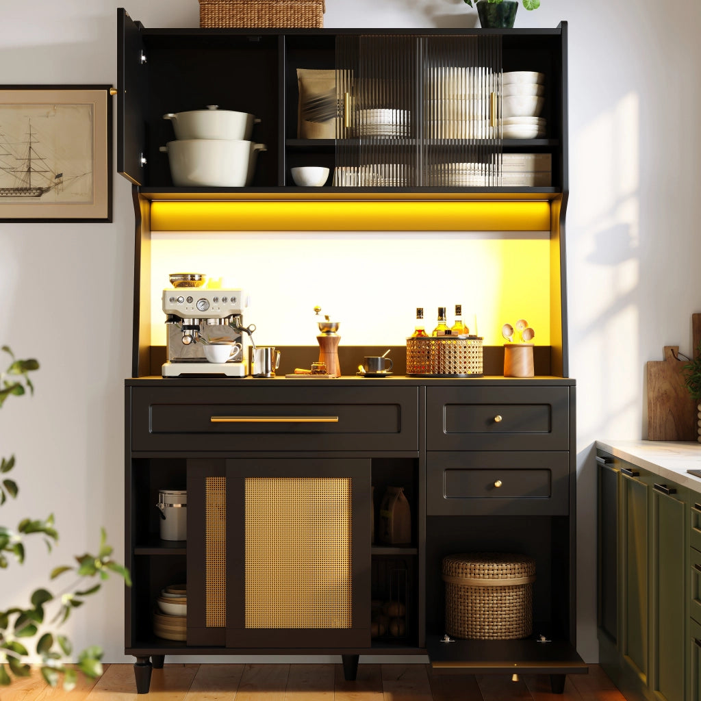Credenza alta con LED, 3 cassetti e ripiani regolabili 120x45x195,5 cm nera