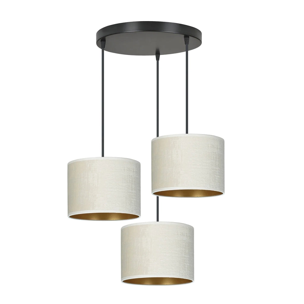 Lampadario Tondo 3 Luci Ganesha In Acciaio Nero E Paralumi In Tessuto Beige