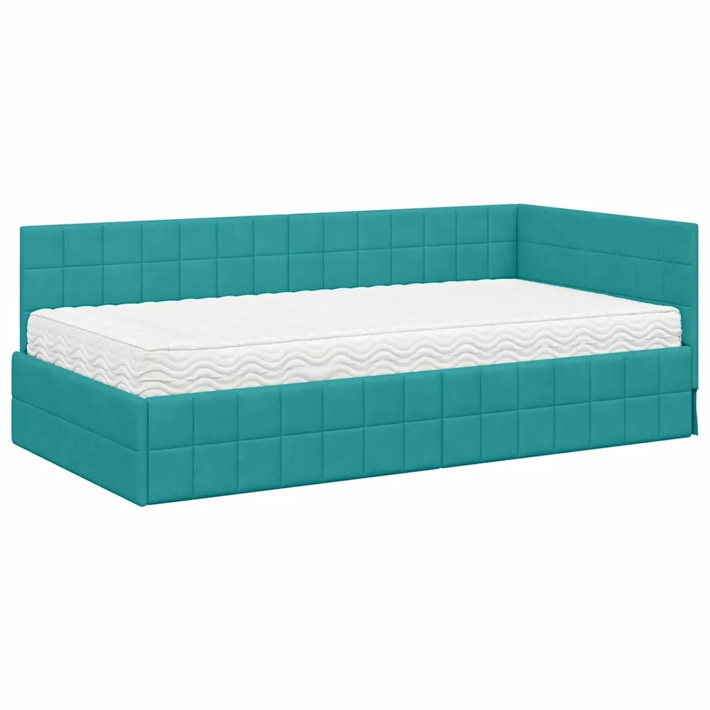 Letto singolo | Letto per adulti | Struttura Letto Angolare con Materasso 2 pcs Turchese Velluto