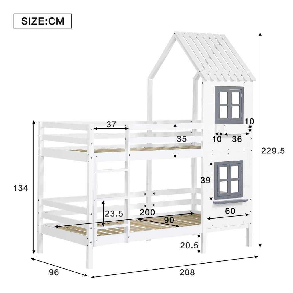 DESMIU Letto a castello bambino 90 × 200 cm con finestra, scala, sponde, senza materasso, legno, bianco