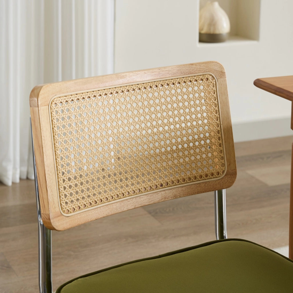 Sedia da pranzo a sbalzo con schienale in rattan, struttura in acciaio e velluto verde oliva, portata 300 lb