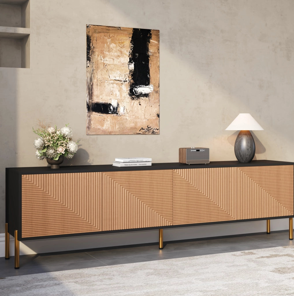 Mobile TV 179x35x53.5 cm con 4 ante e spazio contenitore in truciolare nero e naturale