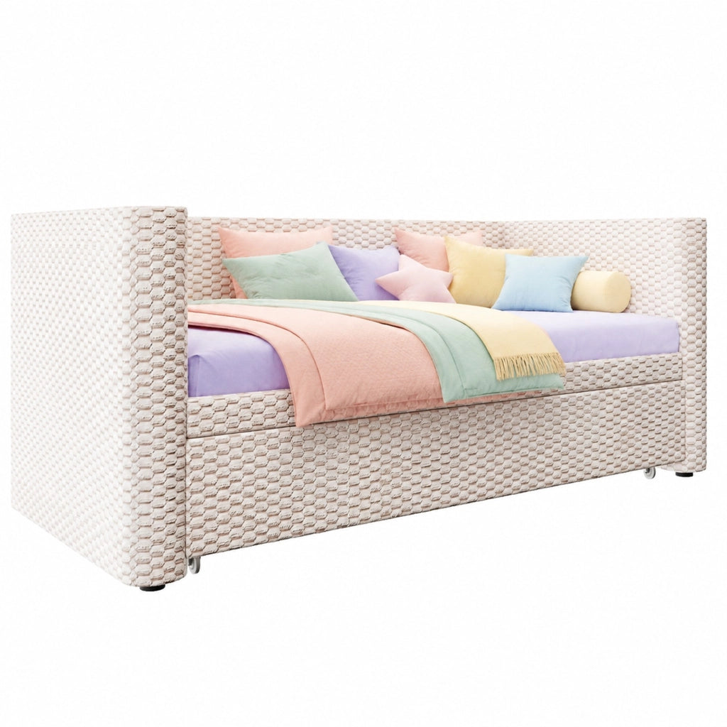 Letto multifunzione estraibile in velluto beige con LED e rete a doghe