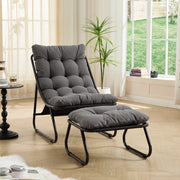 Sedia lounge da esterno con pouf, struttura in acciaio, cuscino grigio, stile moderno