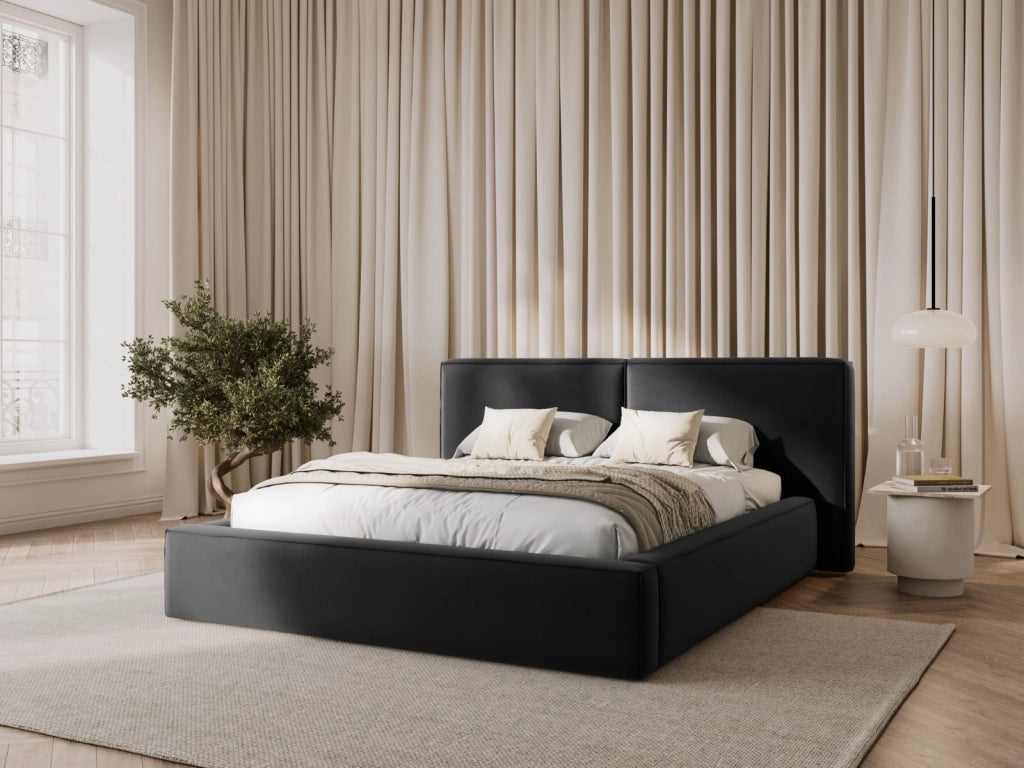 Cosmopolitan Design - Letto a cassettone con testiera doppia "Arendal" 180x200cm in velluto grigio 