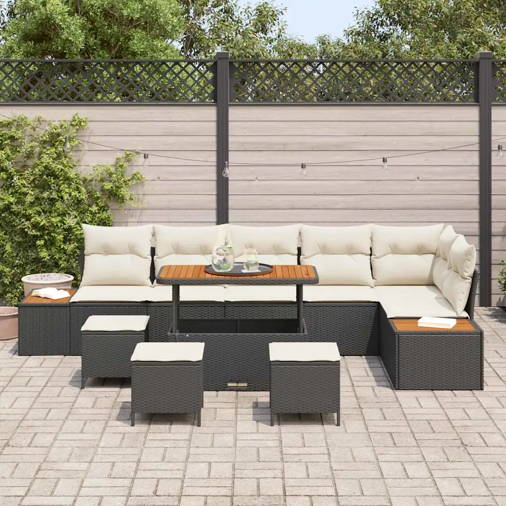 Set Divano da Giardino con cuscino 10 pcs Nero Poly Rattan