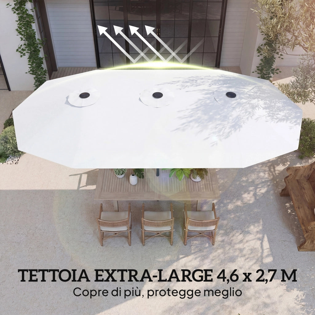 Ombrellone Doppio a 12 Stecche 459x266x235 cm con Manovella in Metallo e Poliestere Bianco