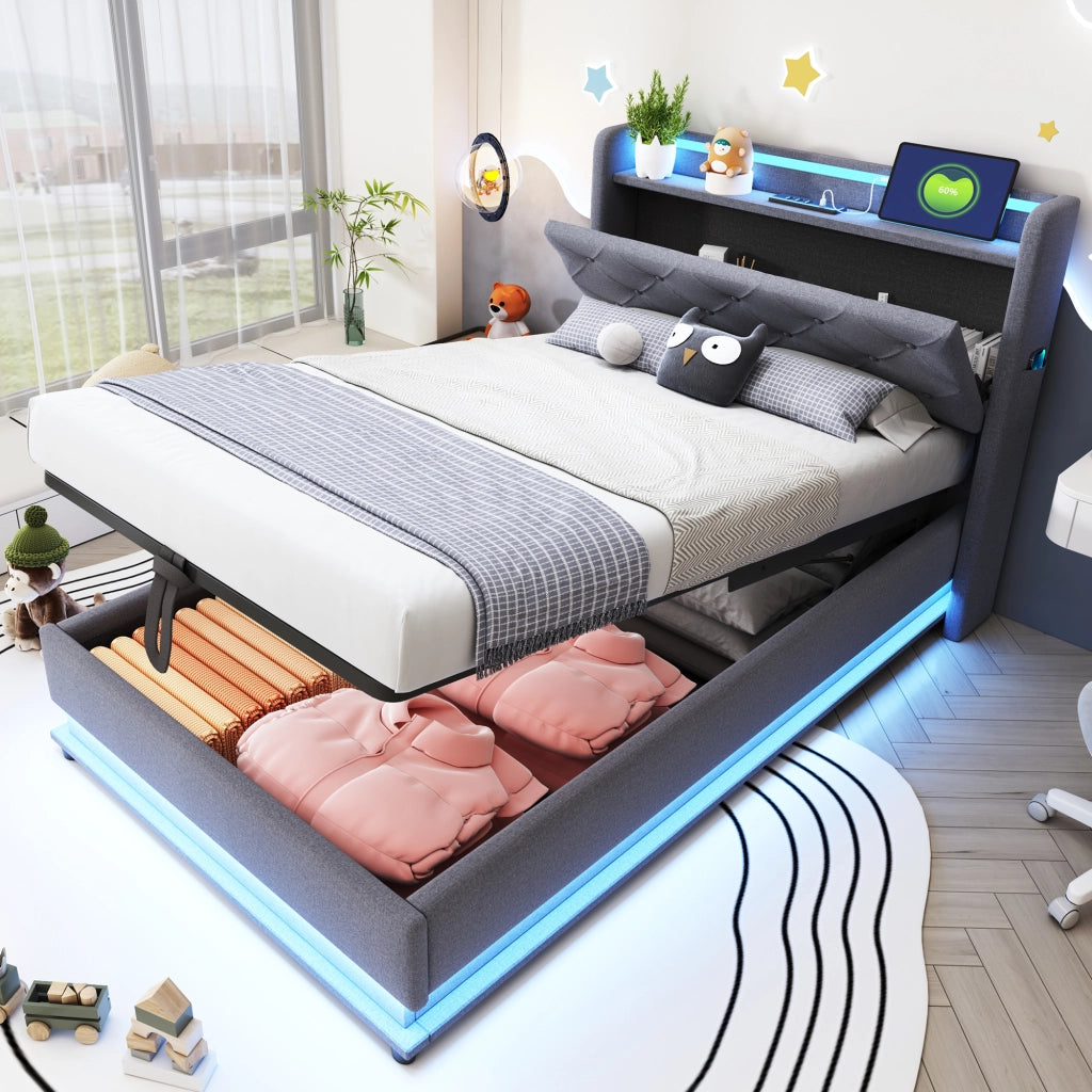LETTO imbottito 90x200 cm con luci LED, porte USB e vano, grigio