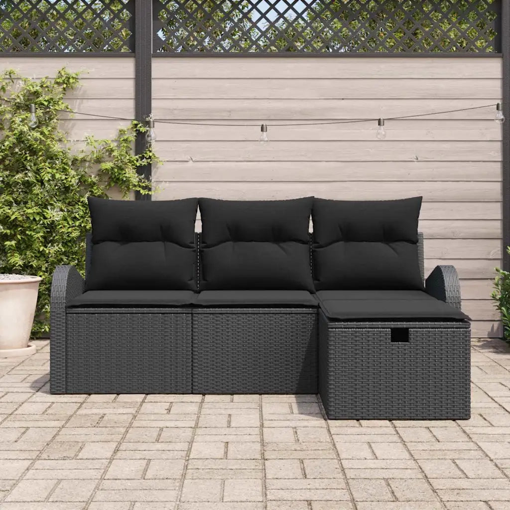 Set Divano da Giardino con cuscino 4 pcs Nero polyrattan