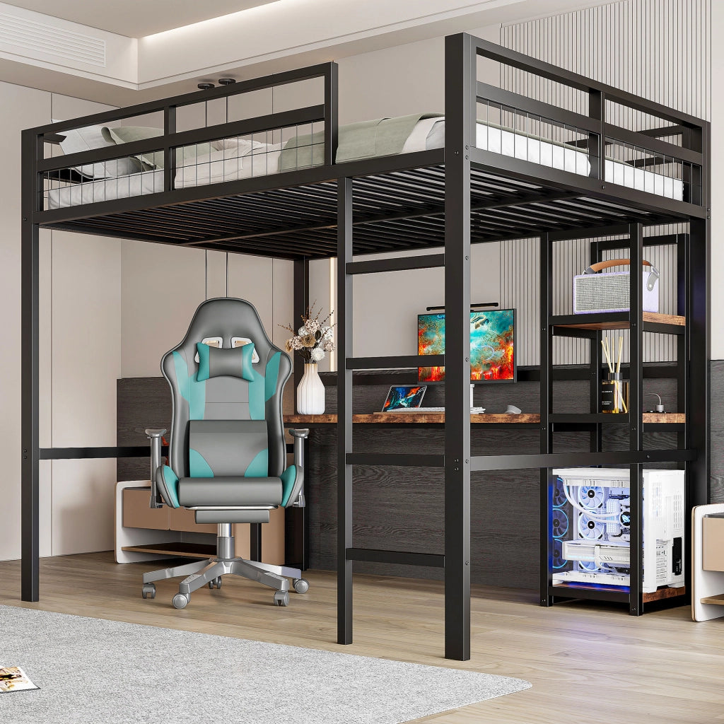 LETTO A CASTELLO 140 x 200 cm in metallo nero con scrivania e ripiani