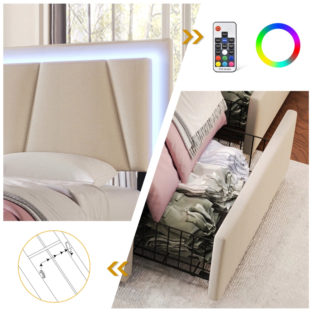 Letto con cassetti matrimoniale 140×200 cm con LED; testiera regolabile; 4 cassetti; materasso incluso; beige