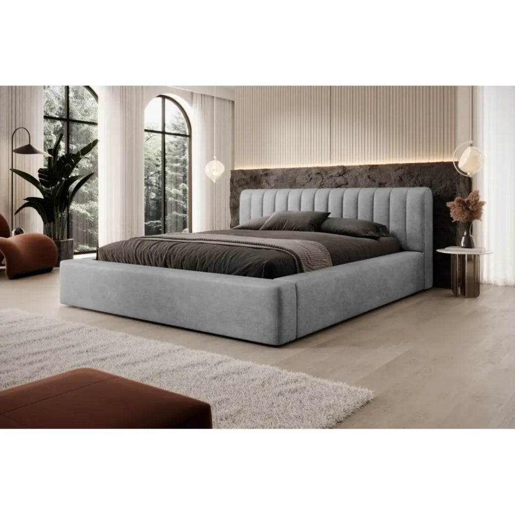 Letto contenitore CERVIN – Velluto morbido Nacre di cemento – 160x200 cm – Rete sollevabile – Design contemporaneo