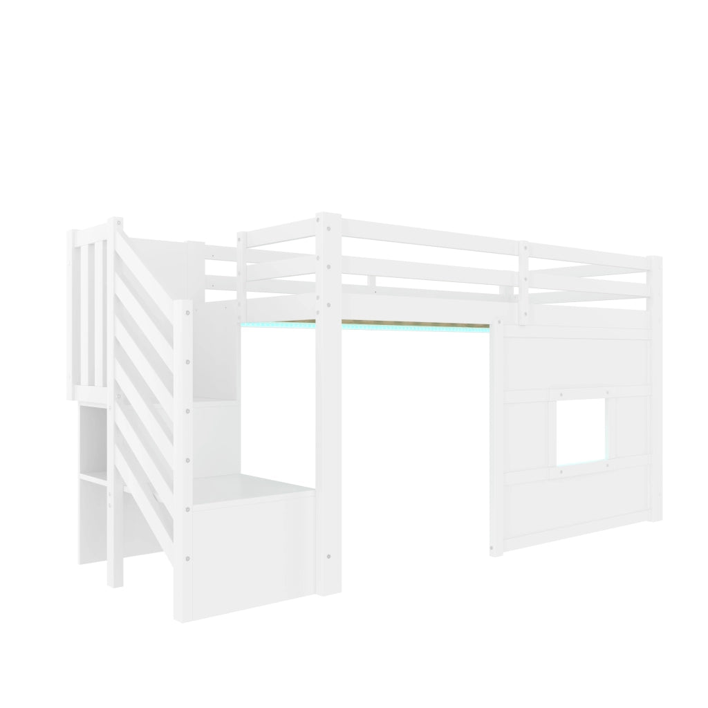 Letto a Soppalco con Scala Contenitore e Finestra ¨C MINIMAL ¨C Bianco 90x200