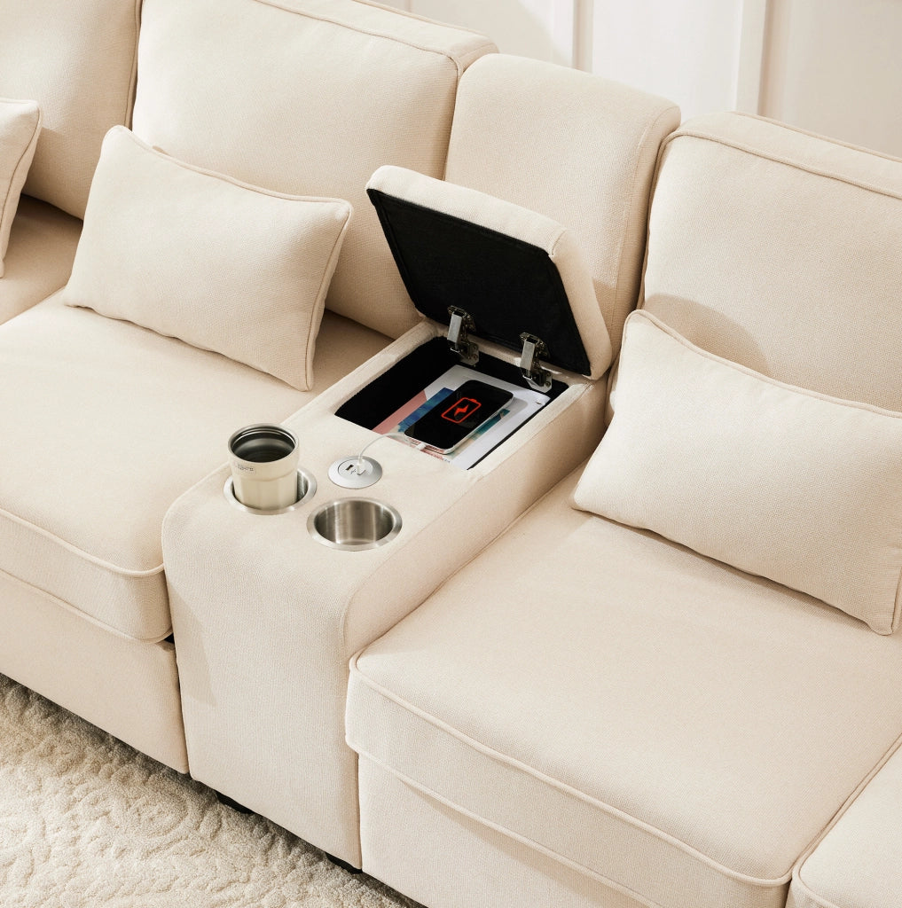 Divano 4 posti 290x83x88 cm con porta USB; 2 portabicchieri e tasche laterali in tessuto lino beige