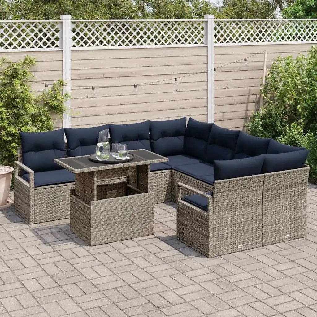Set Divano da Giardino 9 pcs Grigio e Blu Navy polyrattan 3348801