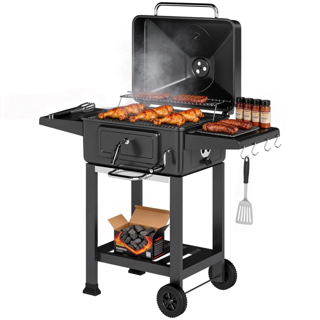 Barbecue a Carbone con Griglia, Vassoio e Ruote ¨C Minimal ¨C Grigio, Acciaio, 100x50x80 cm