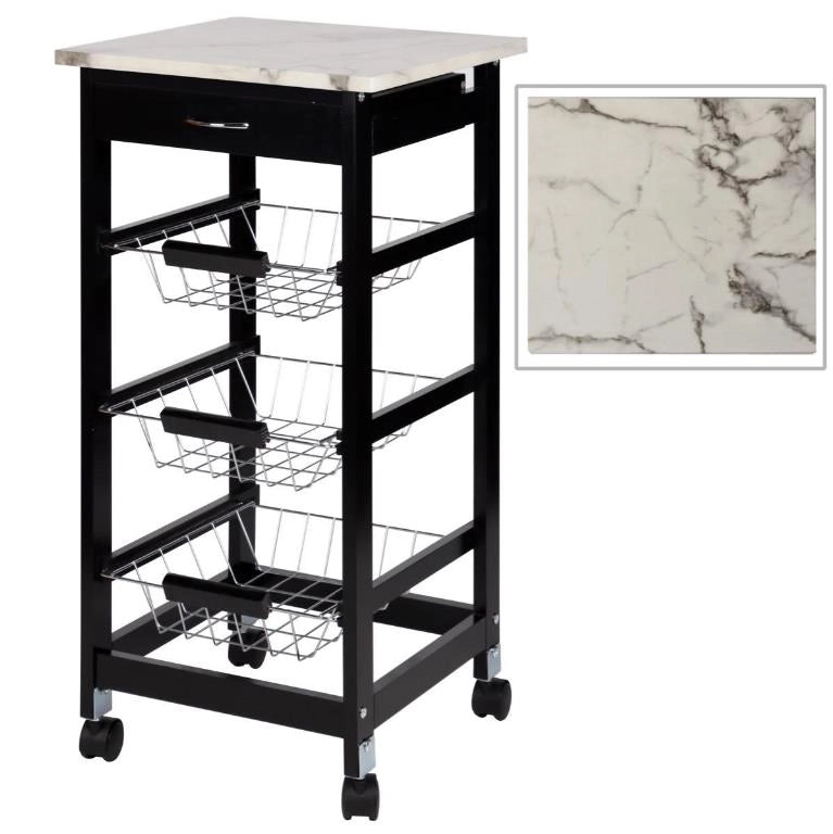 Carrello da Cucina in Legno 3 Cassetti Nero Top Effetto Marmo 37 x 37 x 76 cm