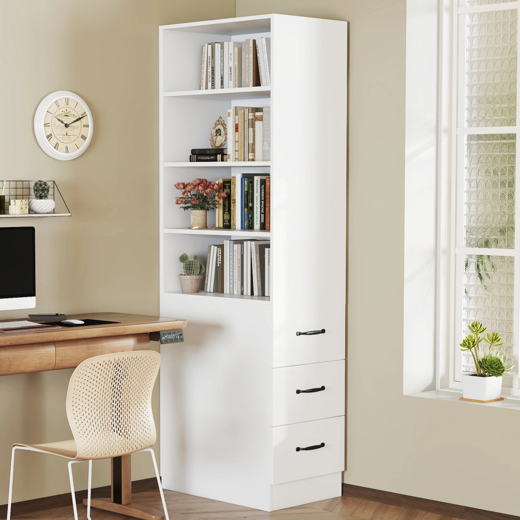 Libreria con 3 cassetti e 4 vani aperti, ripiani regolabili, per piccoli spazi, in truciolato, bianco, 60 × 38 × 180 cm