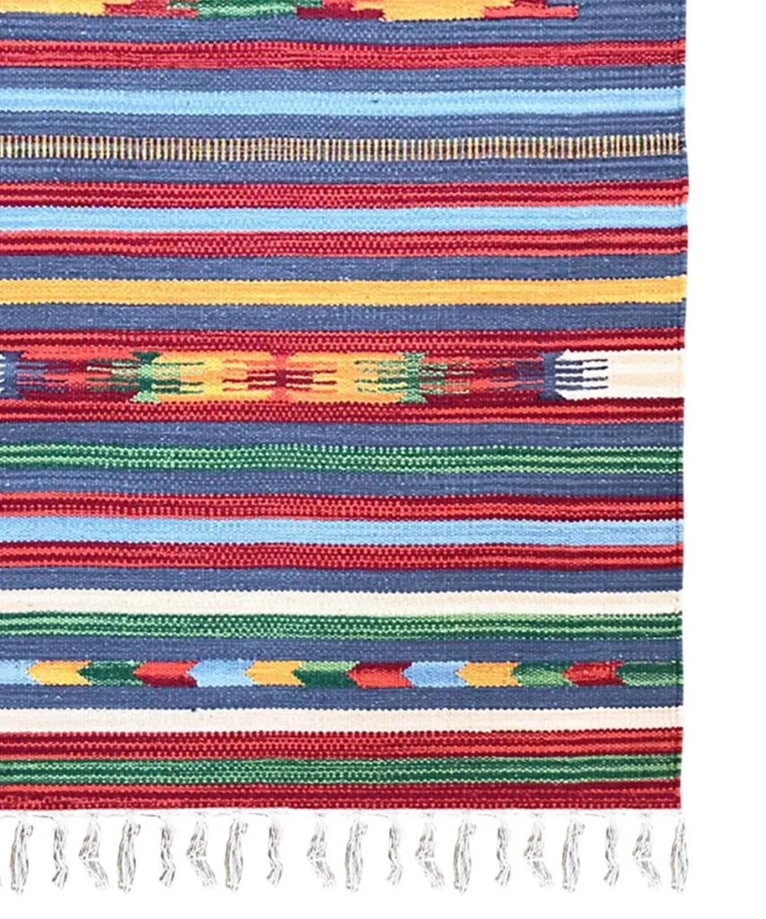 Tappeto KELIM 01 disegni etnici orientali colori vivaci cm.140x200 tessuto e frangia 100% cotone, lavabile in lavatrice